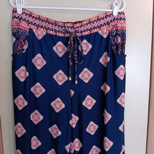 Sandiva Women's Navy & Pink Boho Patterned Pull-on High Waisted Pallazo Pants XL